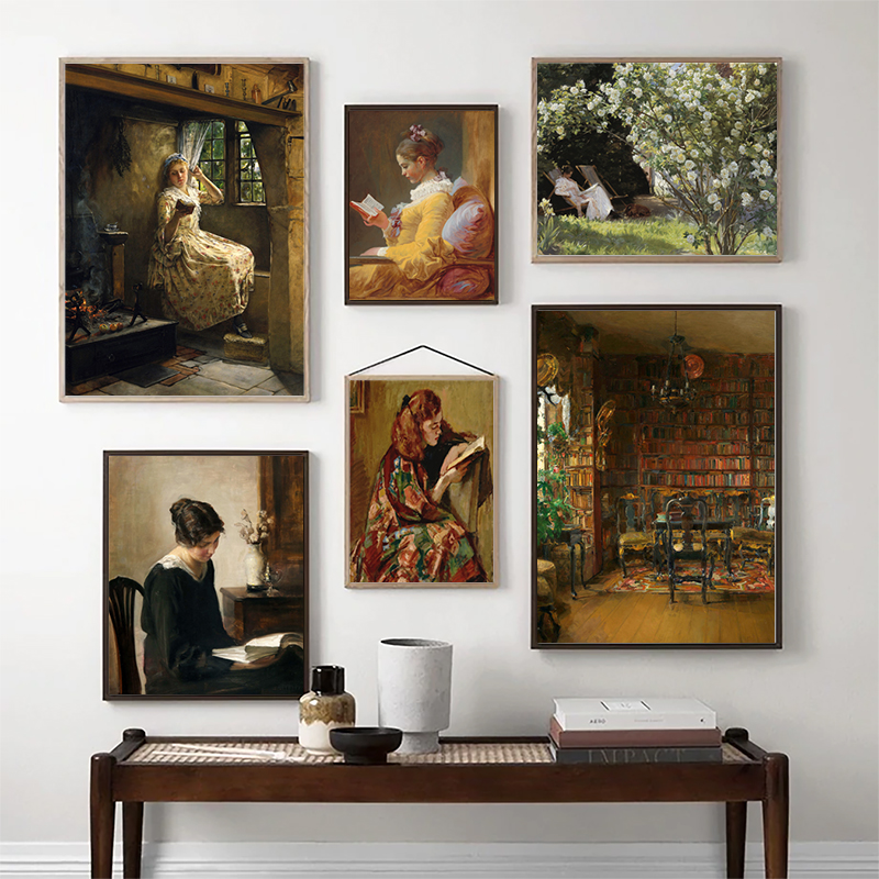 Vintage Fashion Posters - Girl Reading Vintage Oil Painting On