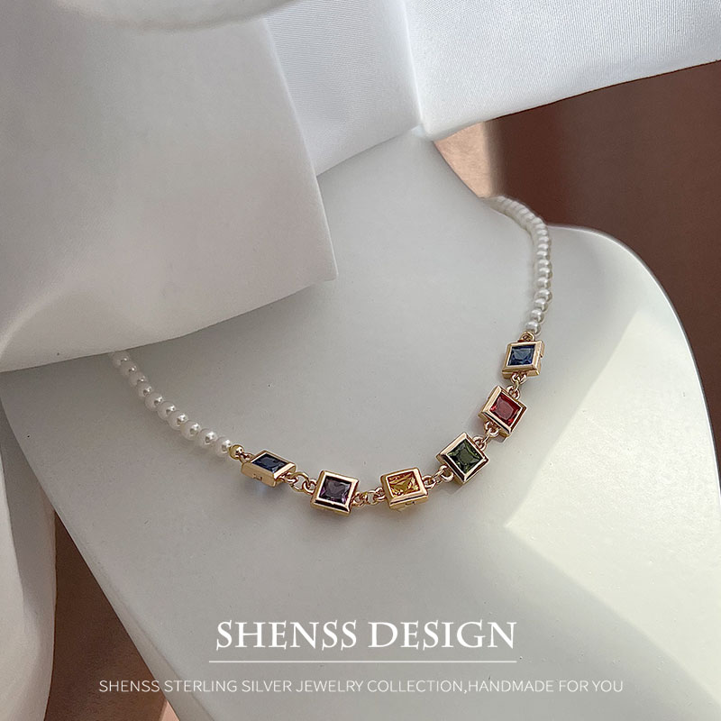 Vintage Fashion Jewelry Necklaces - Imitation Pearl Square Zircon necklace Copper