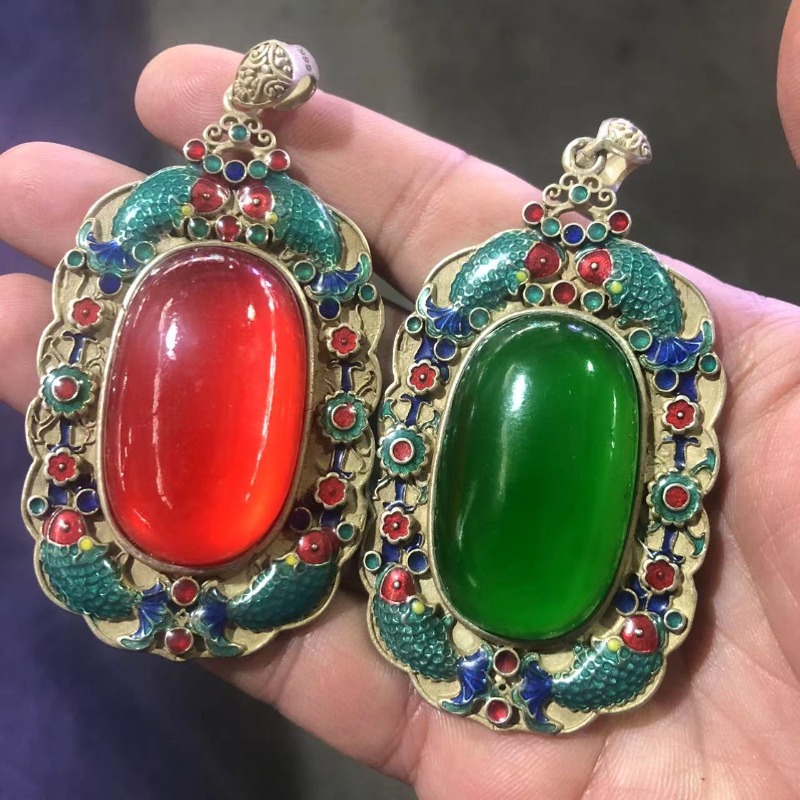 Vintage Fashion Tags - Vintage Tibetan Silver Square Pendant, Cloisonne
